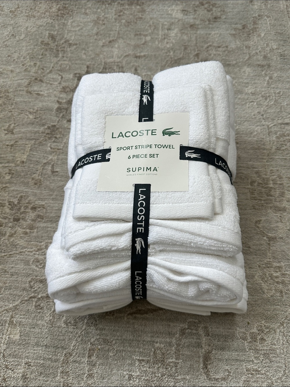 Lacoste Home Heritage Sport Stripe Logo White Cotton 6-Pc. Bath Towel Set NWT’s.